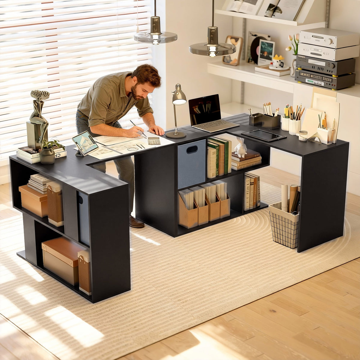 110 cm L-Shaped Desk, Small Computer Desk with Fabric Drawer and Storage Shelves for Home Office, Study, Black
