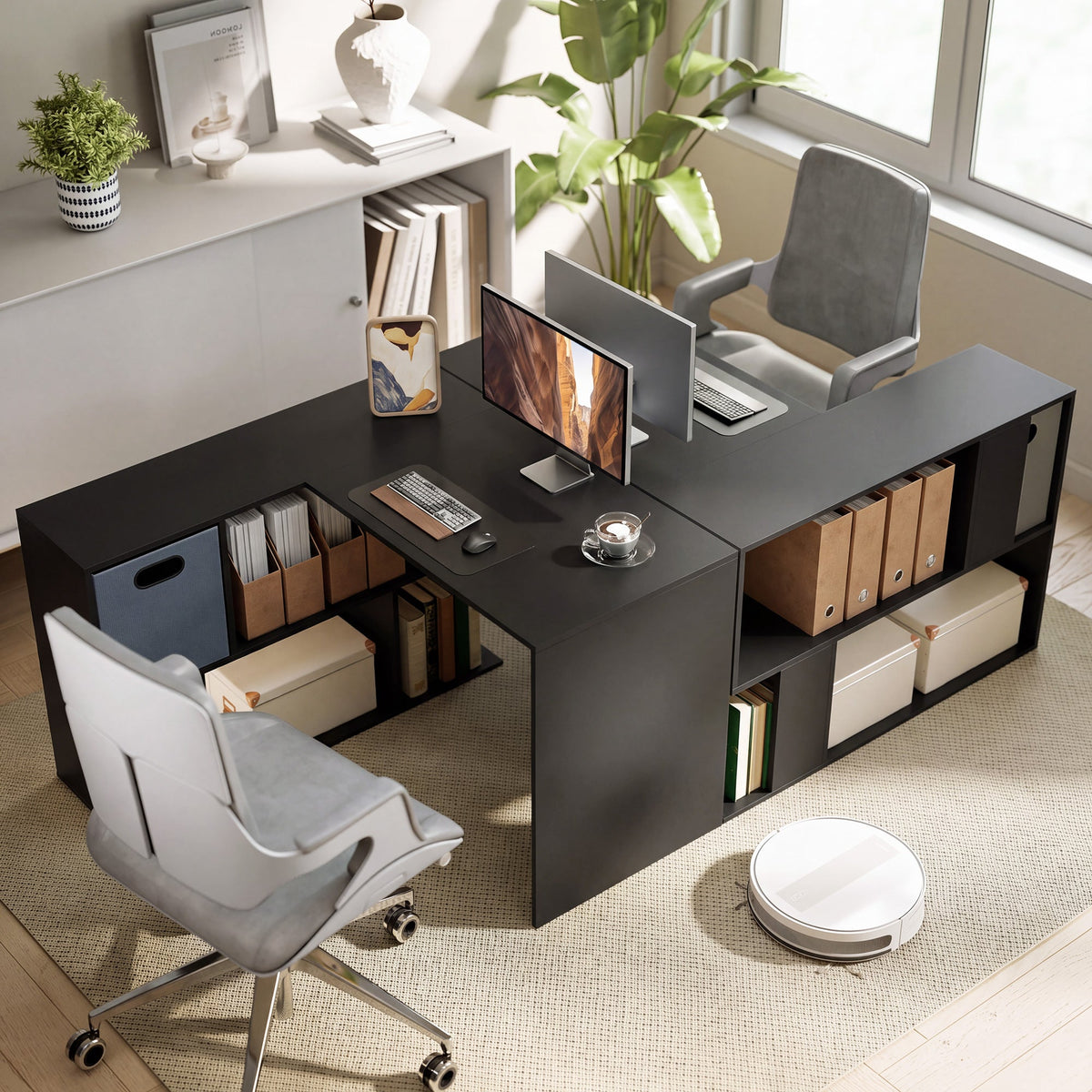 110 cm L-Shaped Desk, Small Computer Desk with Fabric Drawer and Storage Shelves for Home Office, Study, Black