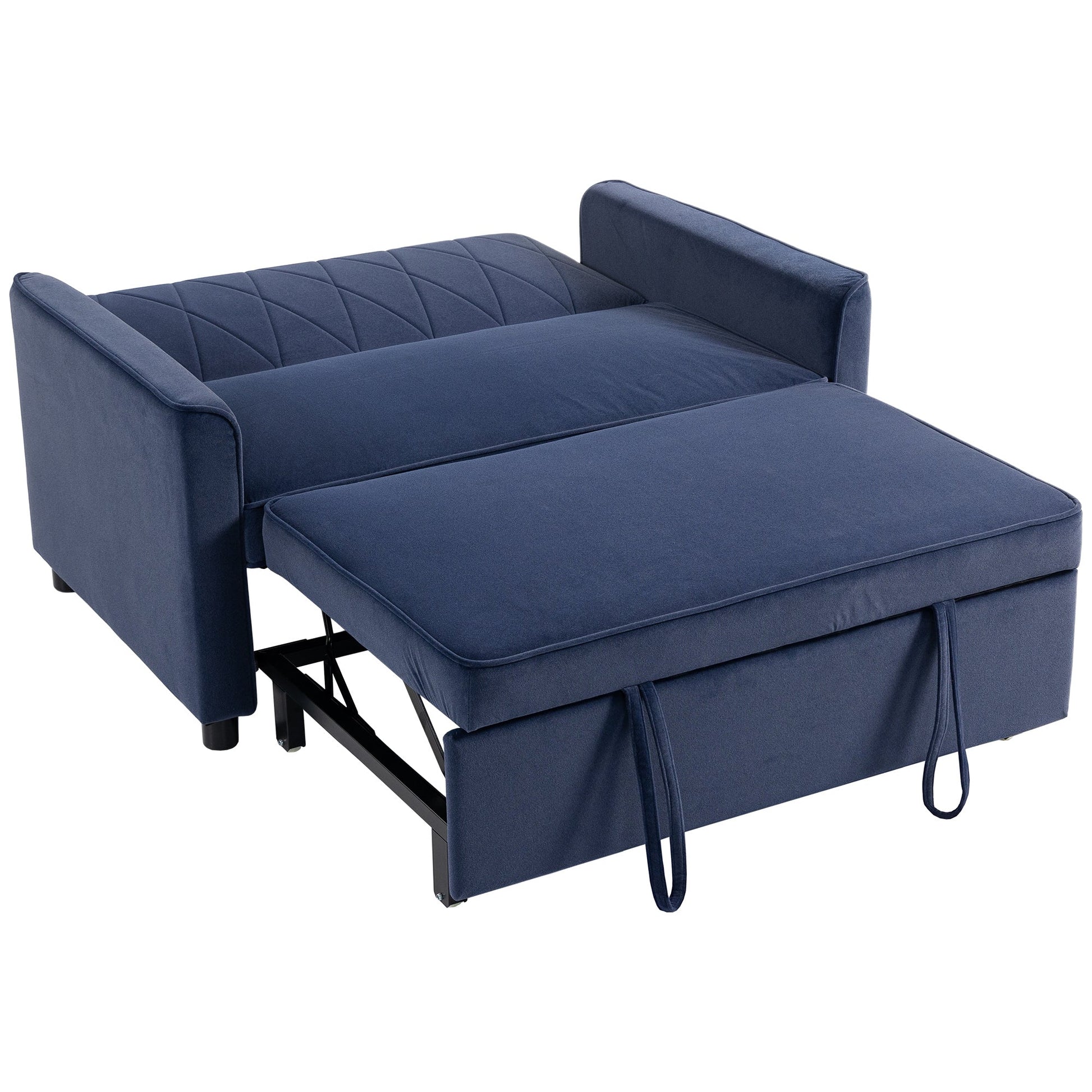2 Seater Sofa Bed, 3-in-1 Convertible Pull Out Sleeper Sofa, Velvet Loveseat Bed Settee with Clik-Clack Adjustable Backrest, High-Density Foam for Living Room, Bedroom, Guest Room, Dark Blue