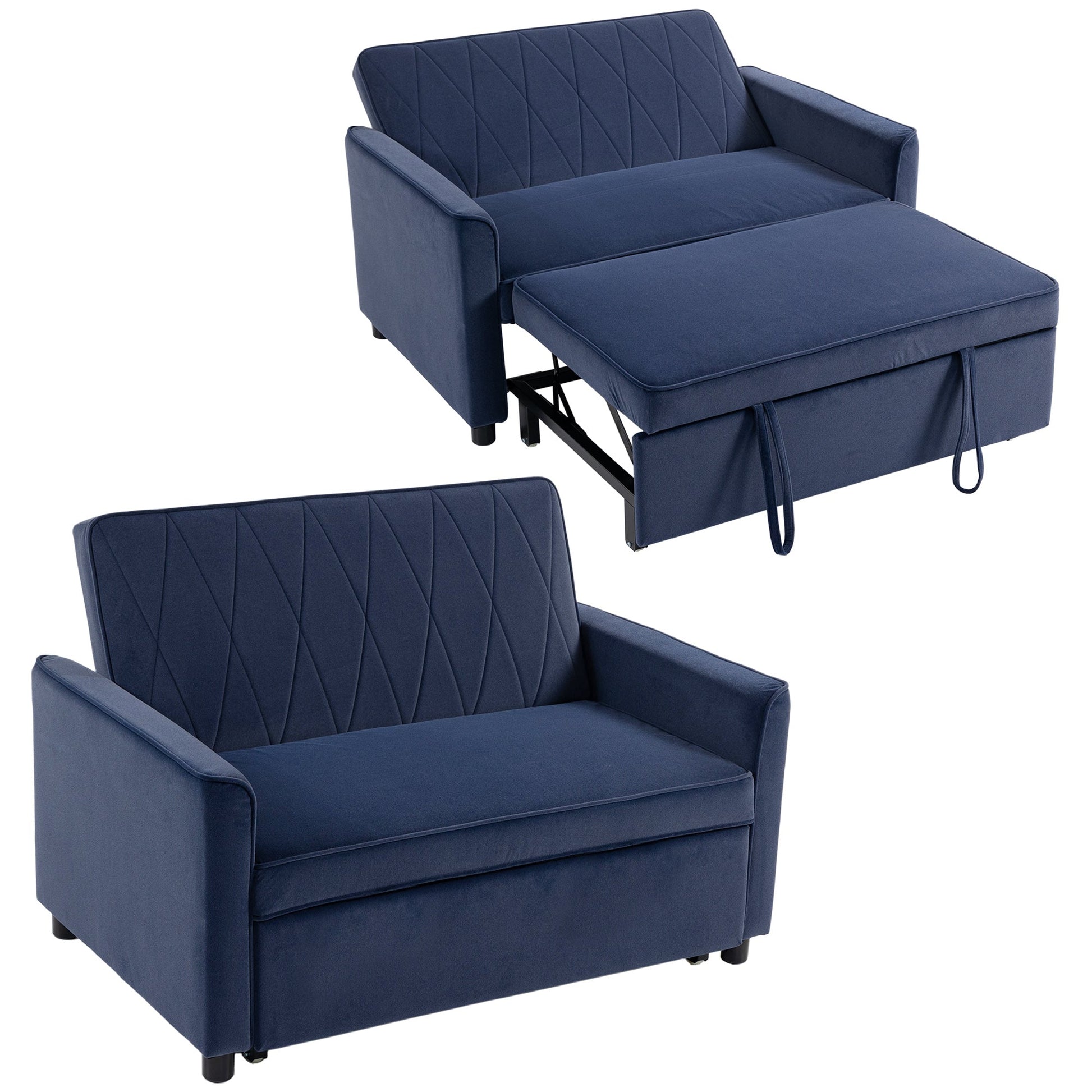 2 Seater Sofa Bed, 3-in-1 Convertible Pull Out Sleeper Sofa, Velvet Loveseat Bed Settee with Clik-Clack Adjustable Backrest, High-Density Foam for Living Room, Bedroom, Guest Room, Dark Blue