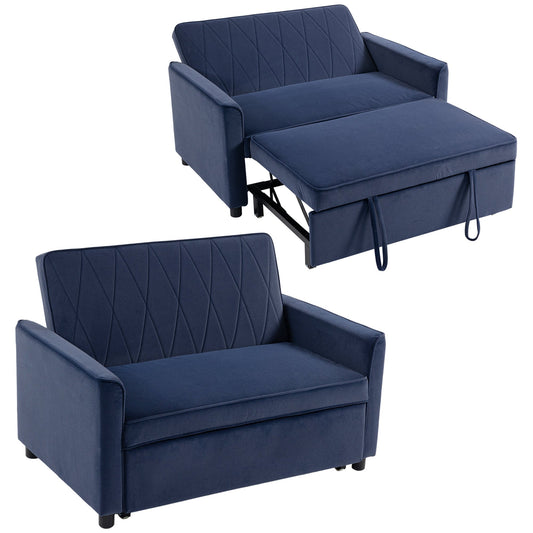 2 Seater Sofa Bed, 3-in-1 Convertible Pull Out Sleeper Sofa, Velvet Loveseat Bed Settee with Clik-Clack Adjustable Backrest, High-Density Foam for Living Room, Bedroom, Guest Room, Dark Blue