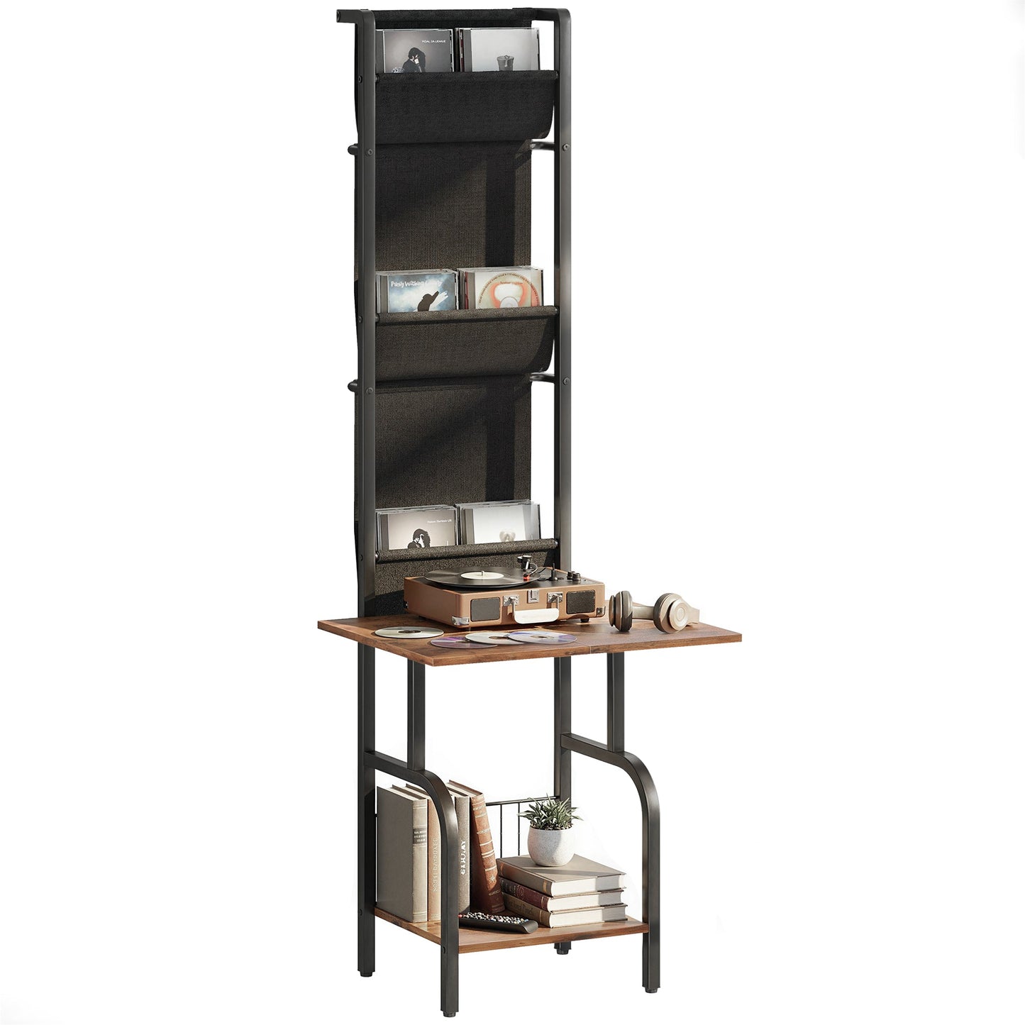 Vinyl Record Storage with Player Stand, Turntable Stand and Display Shelf, CD Storage Unit for Up to 40 CDs, Record Player Table for Living Room or Bedroom, Rustic Brown and Black