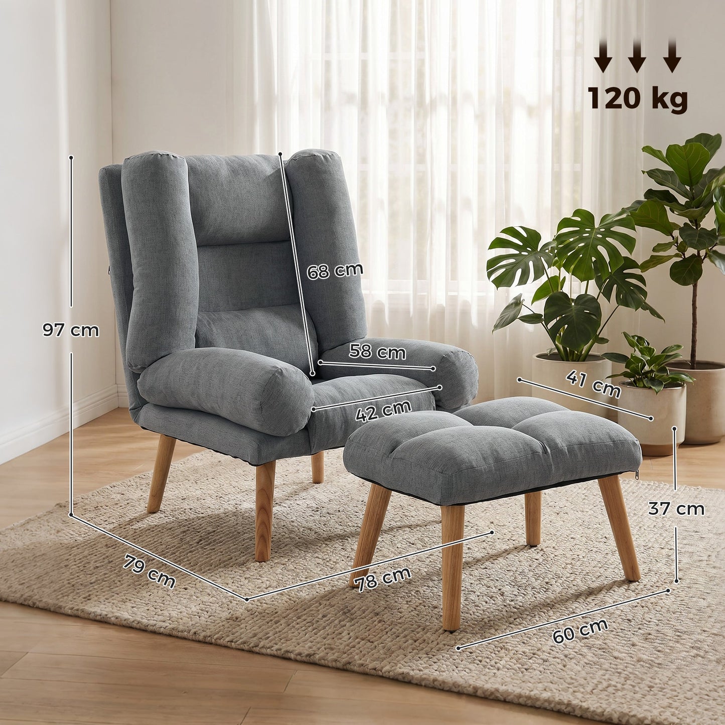 Recliner Chair with Footstool, Linen-Look Fabric Recliner Armchair with Adjustable Backrest, Thick Cushion and Wooden Legs, Reclining Chair for Living Room, Bedroom, Grey