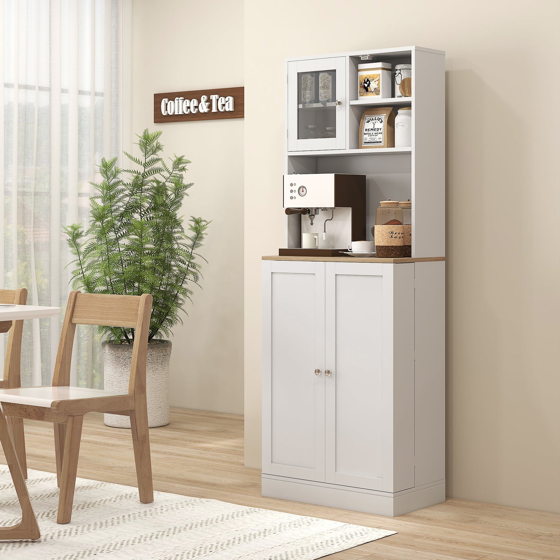 169cm Kitchen Cupboard, Freestanding Storage Cabinet with Microwave Shelf, Adjustable Shelves & 8 Door Storage, Modern Kitchen Pantry with Glass Door for Living Room, Dining Room, White