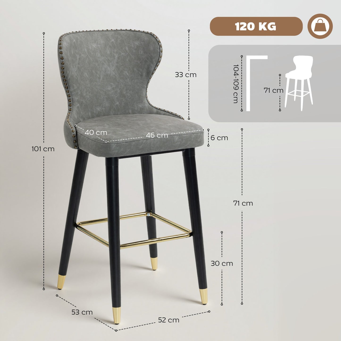 Bar Stools Set of 2, PU Leather Barstools with Backrest, Footrest and Solid Wood Legs, Dining Stools for Kitchen, Counter, Breakfast Bar, Grey
