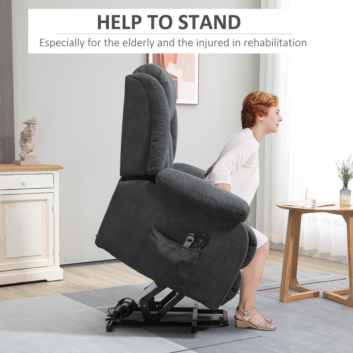HOMCOM Oversized Riser and Recliner Chairs for the Elderly with 8 Vibration Massage, Large Fabric Upholstered Lift Chair for Living Room with Remote Control, Side Pocket, Footrest, Dark Grey