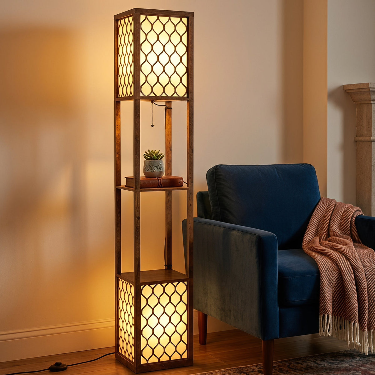 Floor Lamp with Shelves, Modern Tall Standing Lamp with Fabric Lampshades, Zipper Switch and Dual Light for Living Room and Bedroom, Bulbs Not Included, Rustic Brown