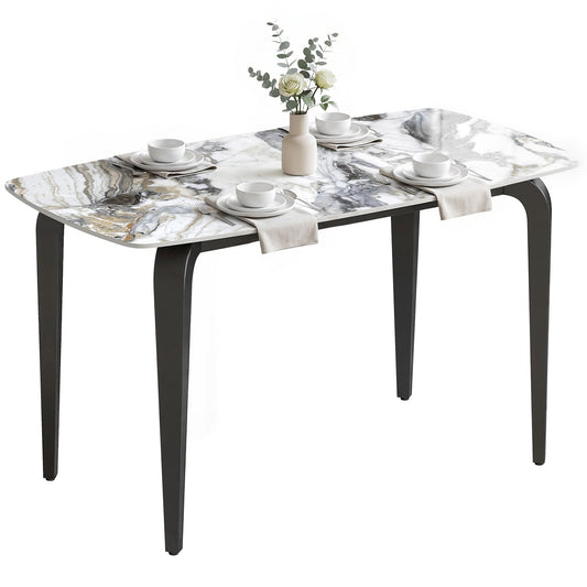 Dining Table for 4, 130W x 70D x 75H cm, Modern Kitchen Table with Sintered Stone Tabletop, Metal Legs for Dining Room, Kitchen, Living Room, White