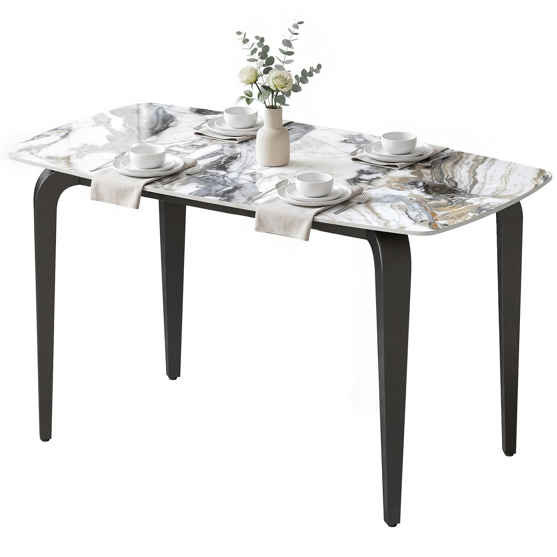 Dining Table for 4, 130W x 70D x 75H cm, Modern Kitchen Table with Sintered Stone Tabletop, Metal Legs for Dining Room, Kitchen, Living Room, White