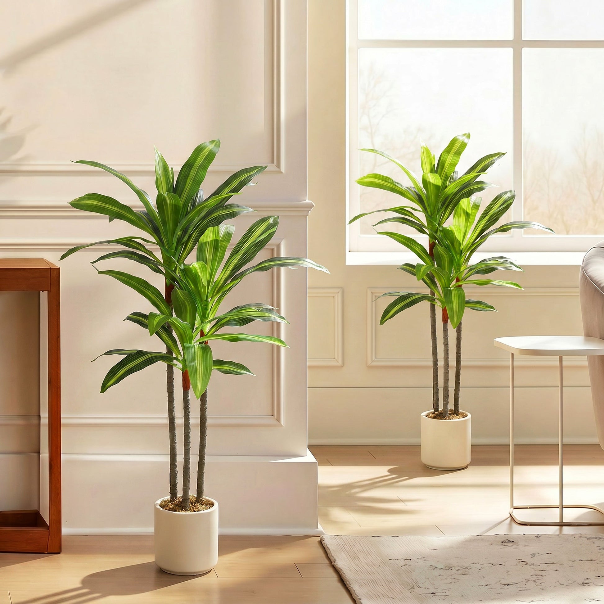 Set of 2 90cm Artificial Dracaena Trees, Decorative Artificial Plants with Bendable Trunks and White Planters for Living Room Bedroom Home Office Decor, Green