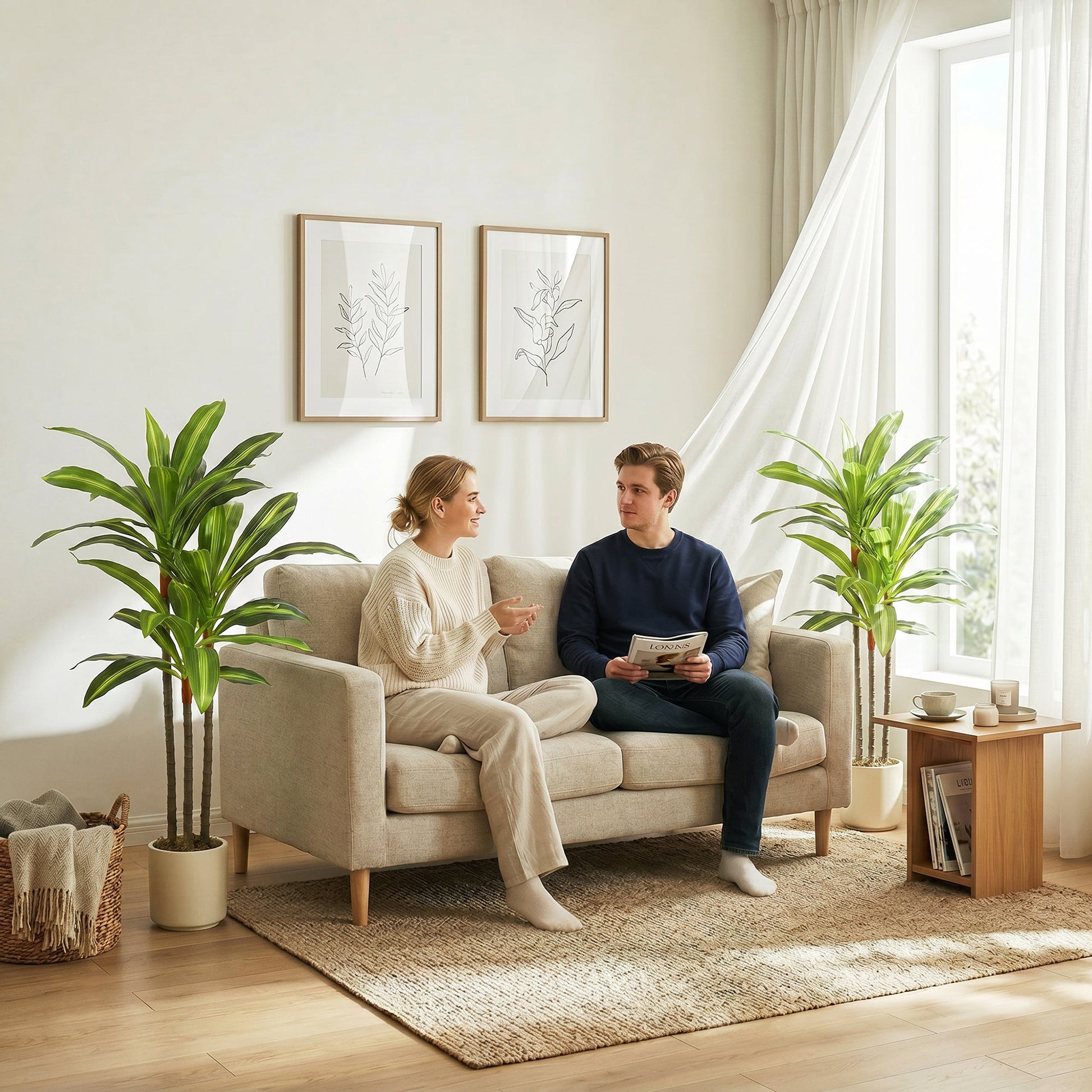 Set of 2 90cm Artificial Dracaena Trees, Decorative Artificial Plants with Bendable Trunks and White Planters for Living Room Bedroom Home Office Decor, Green
