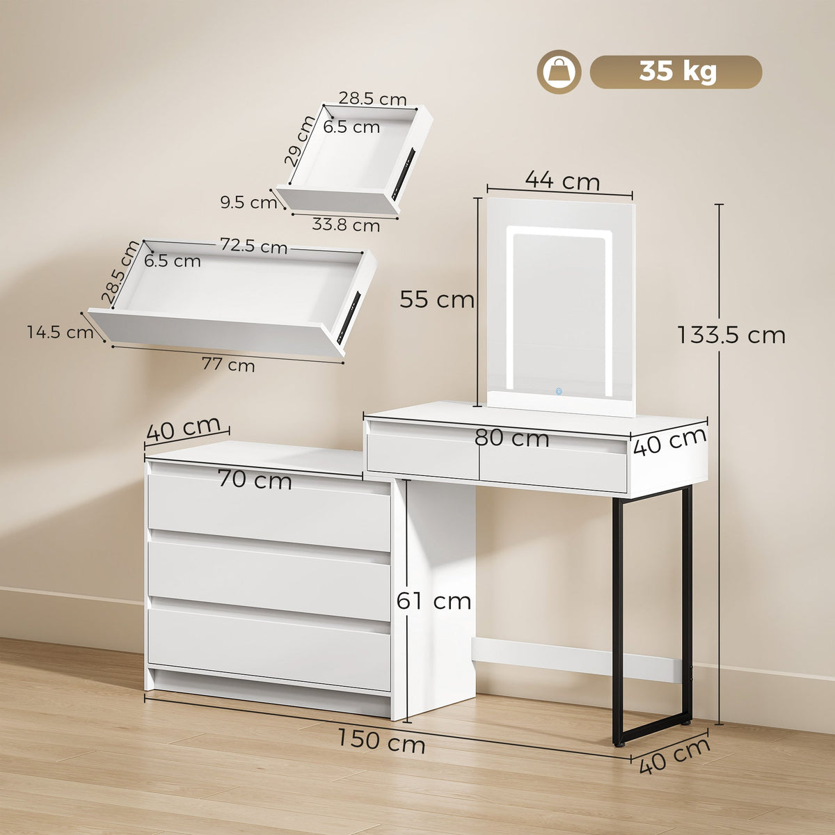 Dressing Table with Mirror and LED Lights, Vanity Table with 5 Drawers, 3 Colour Lighting for Bedroom, Modern Dresser Makeup Desk for Women and Girls, White