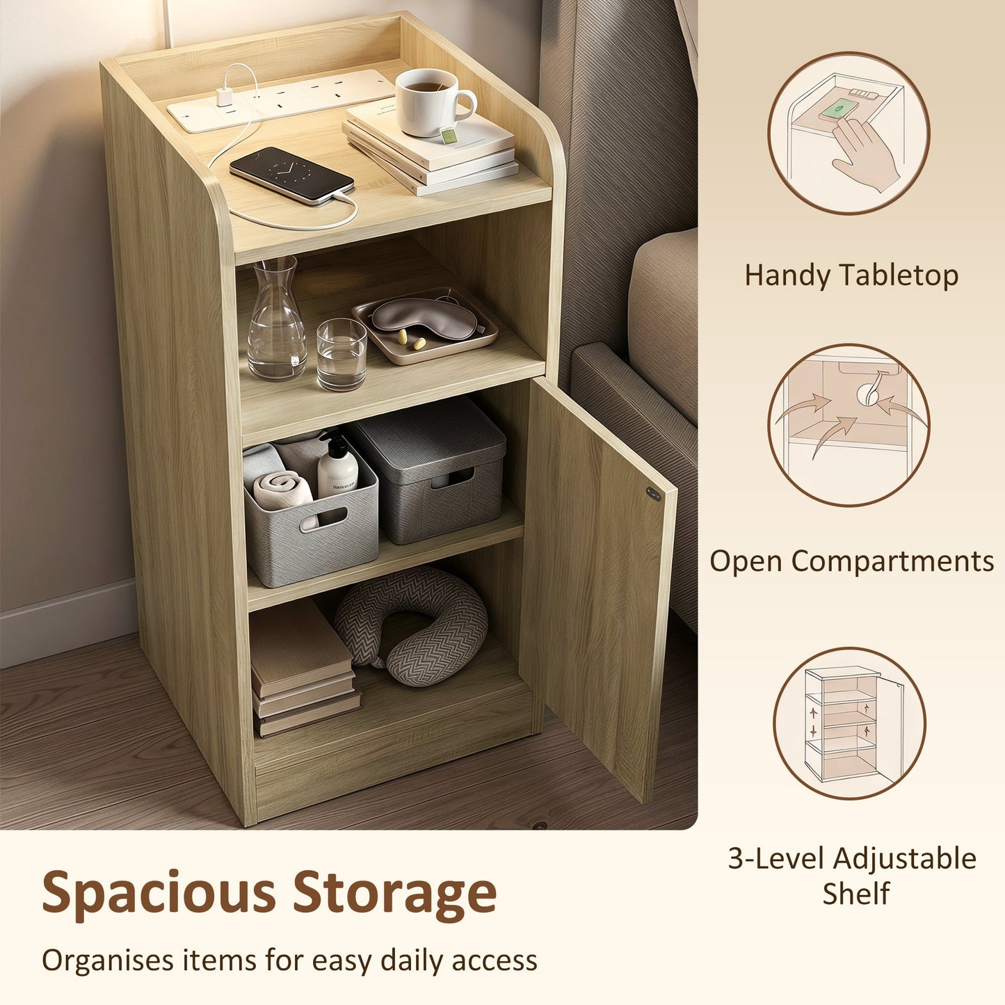 Slim Bedside Table Set of 2 with Charging Station, Narrow Bedside Cabinet with Open Compartment, Adjustable Shelf and Cupboard, Side End Table for Bedroom Living Room Compact Nooks, Oak