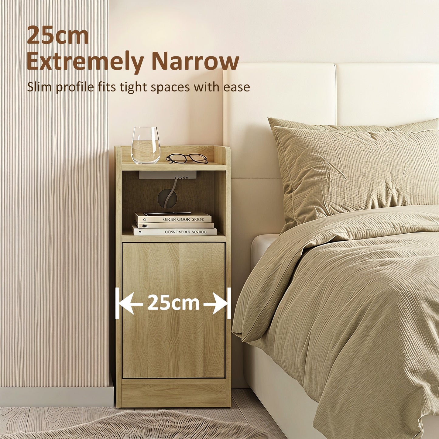 Slim Bedside Table Set of 2 with Charging Station, Narrow Bedside Cabinet with Open Compartment, Adjustable Shelf and Cupboard, Side End Table for Bedroom Living Room Compact Nooks, Oak