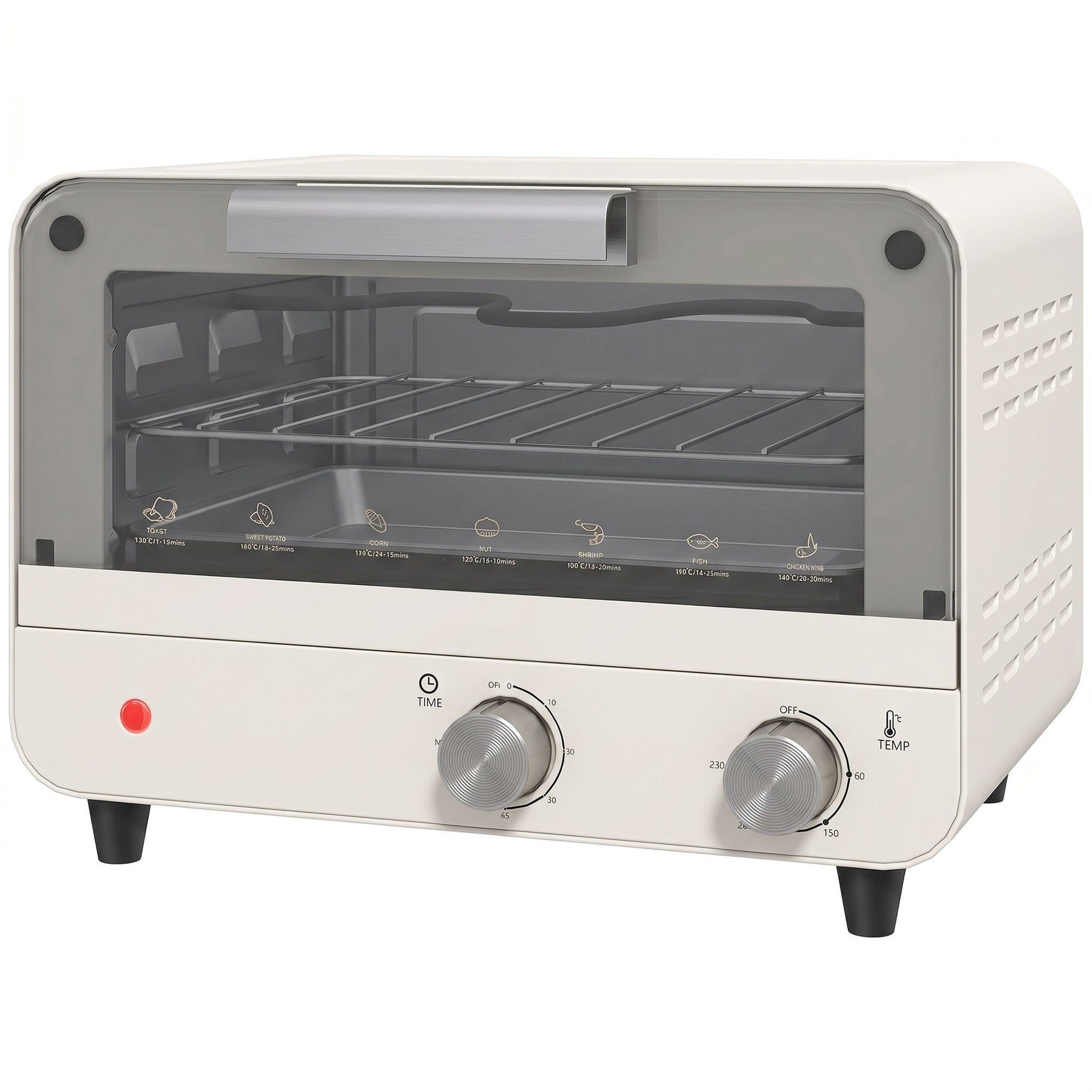 Small Toaster Oven, 12L Multifunction Mini Countertop Oven with Glass Door, Adjustable Temperature, Timer, Wire Rack & Baking Tray, 750W, Cream White