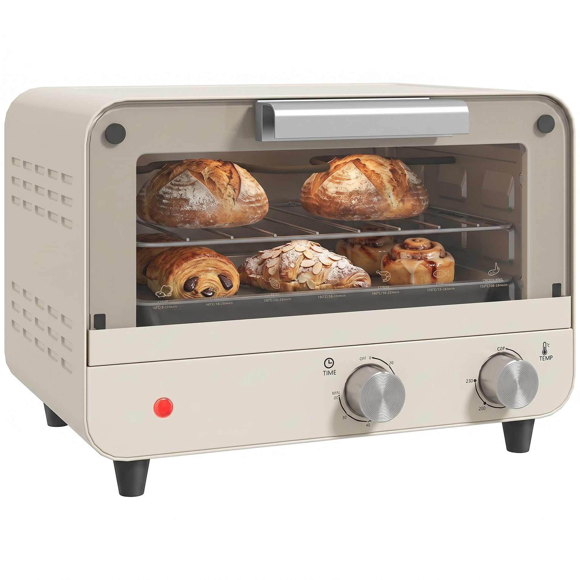 Small Toaster Oven, 12L Multifunction Mini Countertop Oven with Glass Door, Adjustable Temperature, Timer, Wire Rack & Baking Tray, 750W, Cream White