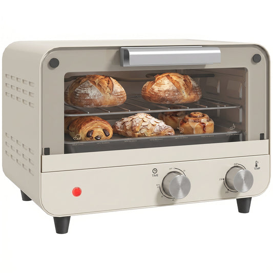 Small Toaster Oven, 12L Multifunction Mini Countertop Oven with Glass Door, Adjustable Temperature, Timer, Wire Rack & Baking Tray, 750W, Cream White