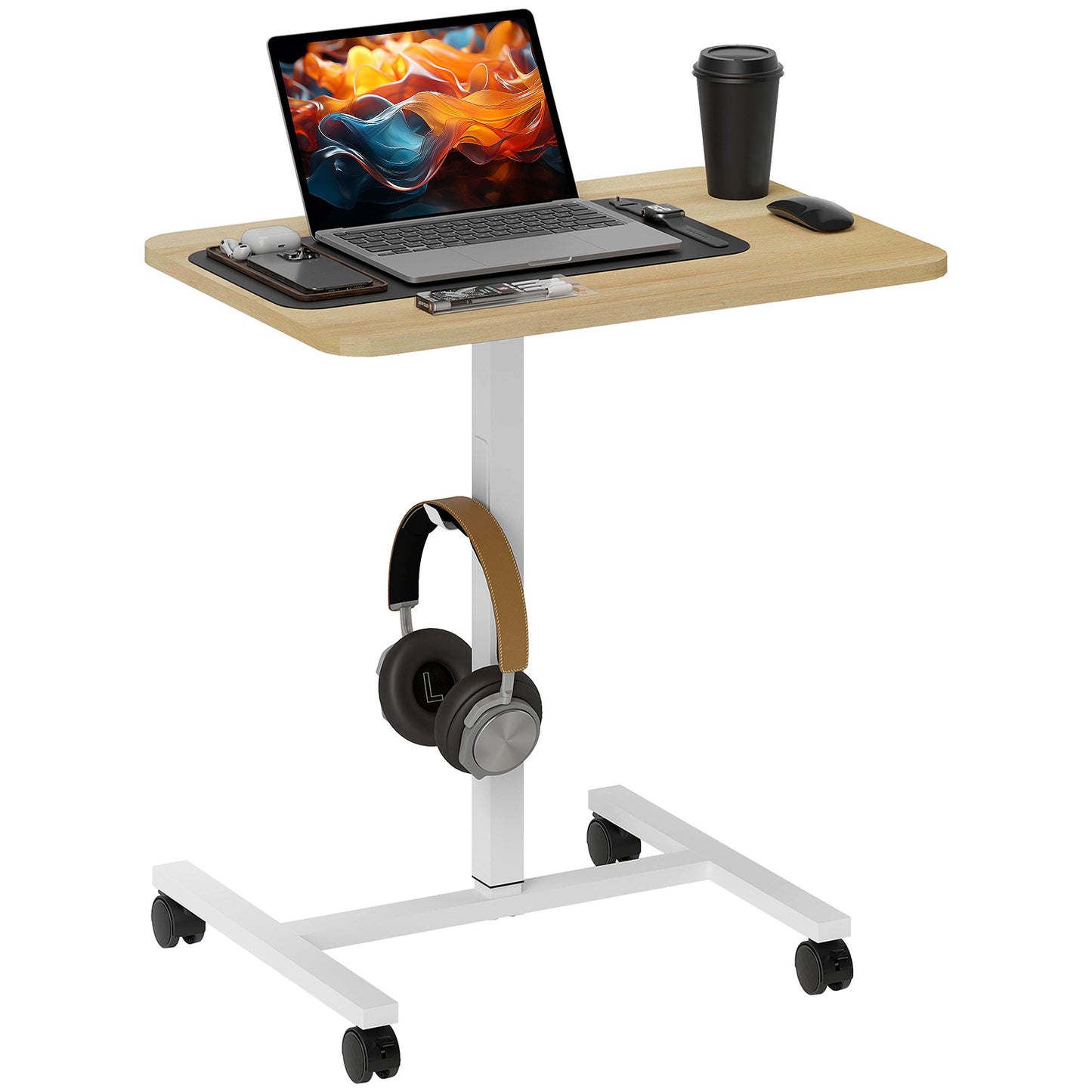 HOMCOM Height Adjustable Standing Desk, Pneumatic Sit Stand Desk for Laptop, Mobile Overbed Table with Wheels and Headphone Hook for Home Office, Natural Wood Finish