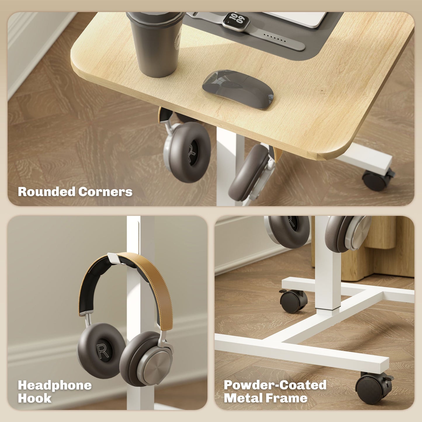 HOMCOM Height Adjustable Standing Desk, Pneumatic Sit Stand Desk for Laptop, Mobile Overbed Table with Wheels and Headphone Hook for Home Office, Natural Wood Finish