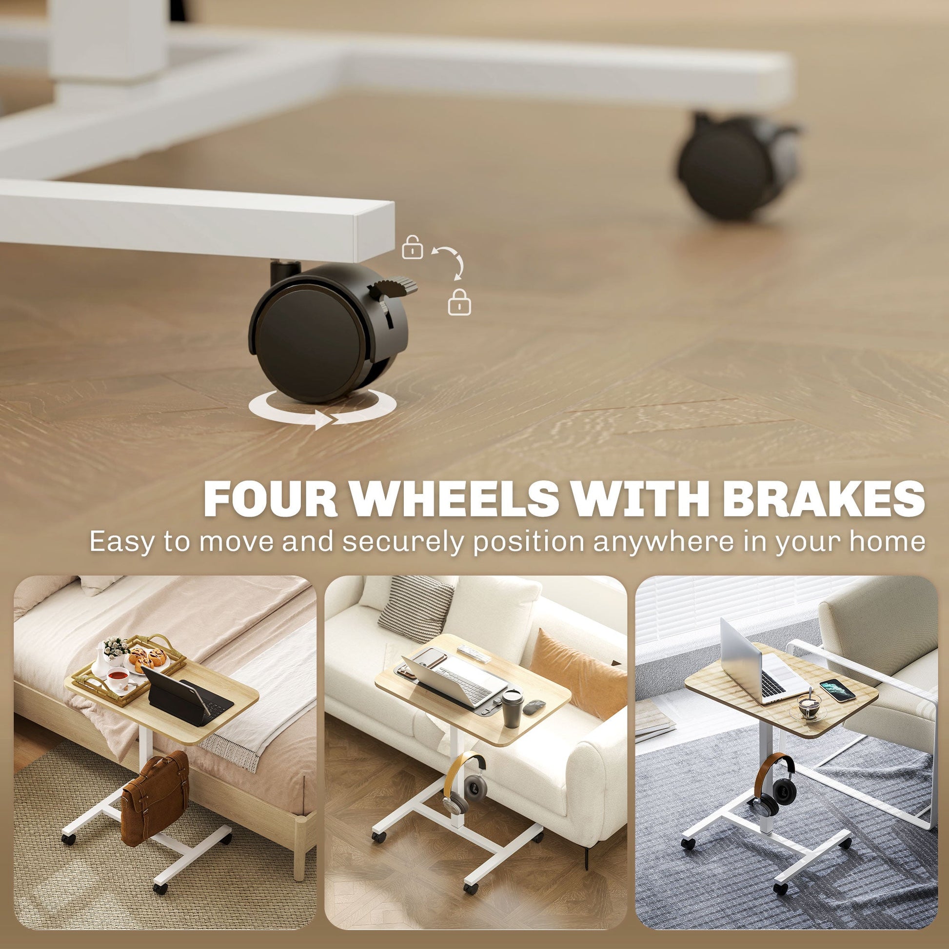 HOMCOM Height Adjustable Standing Desk, Pneumatic Sit Stand Desk for Laptop, Mobile Overbed Table with Wheels and Headphone Hook for Home Office, Natural Wood Finish
