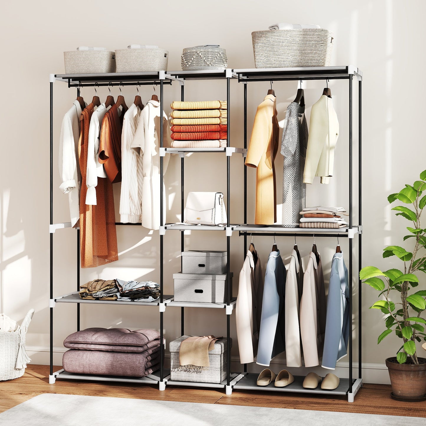 Portable Wardrobe, Open Clothes Wardrobe with 8 Shelves, 3 Hanging Rails, Freestanding Coat Rack Organiser, 182 x 43 x 185cm, Light Grey