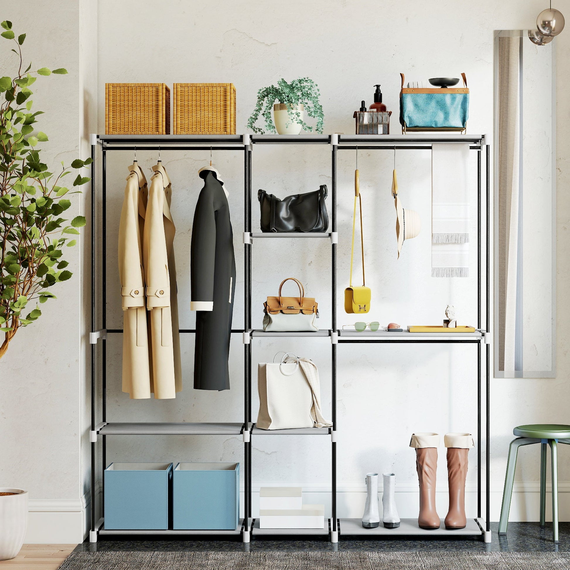 Portable Wardrobe, Open Clothes Wardrobe with 8 Shelves, 3 Hanging Rails, Freestanding Coat Rack Organiser, 182 x 43 x 185cm, Light Grey