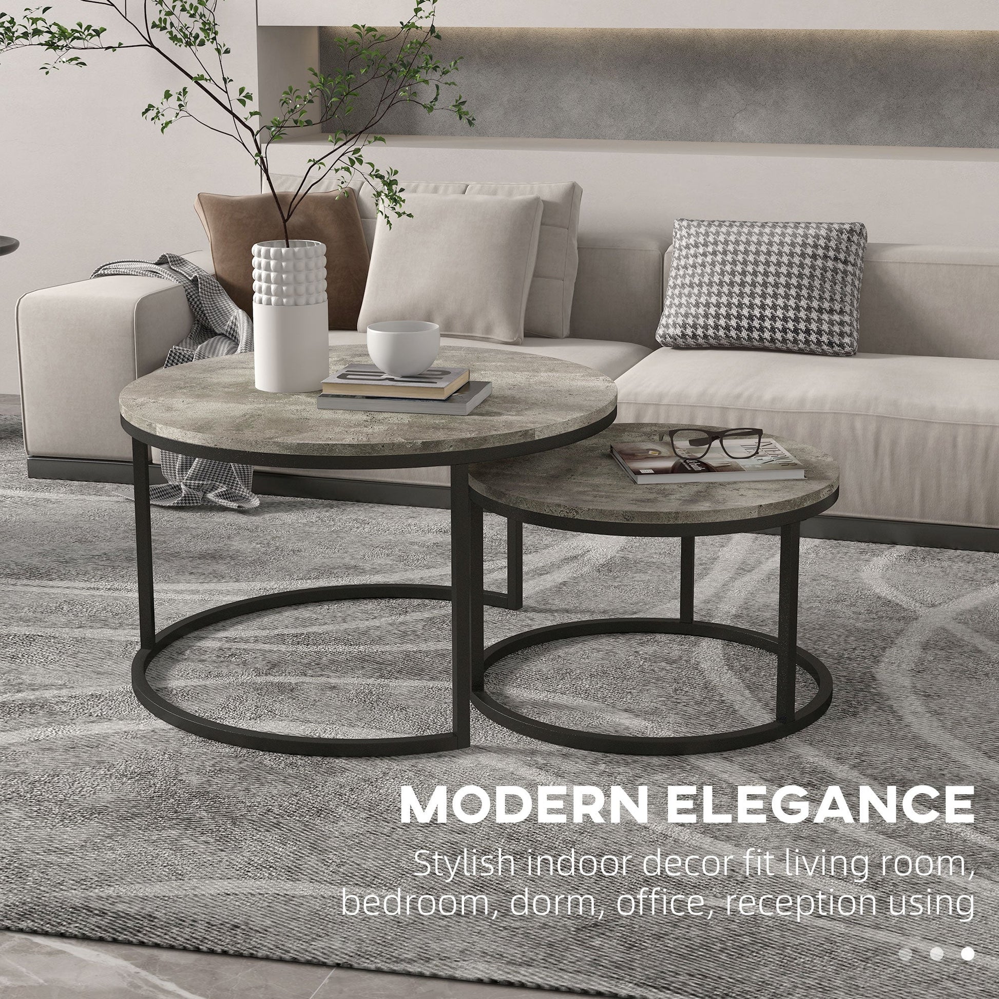 HOMCOM Nest of Tables, Round Coffee Table Set of 2, Coffee Tables with Steel Frame for Living Room, Cement Grey