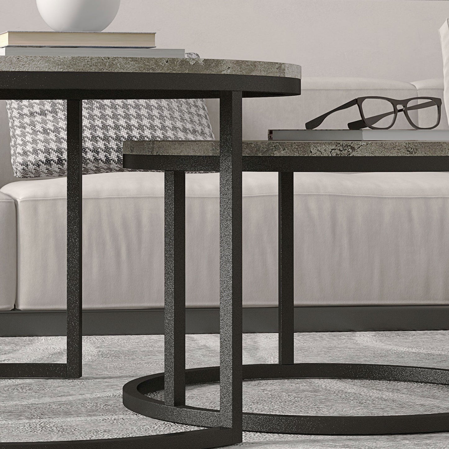 HOMCOM Nest of Tables, Round Coffee Table Set of 2, Coffee Tables with Steel Frame for Living Room, Cement Grey