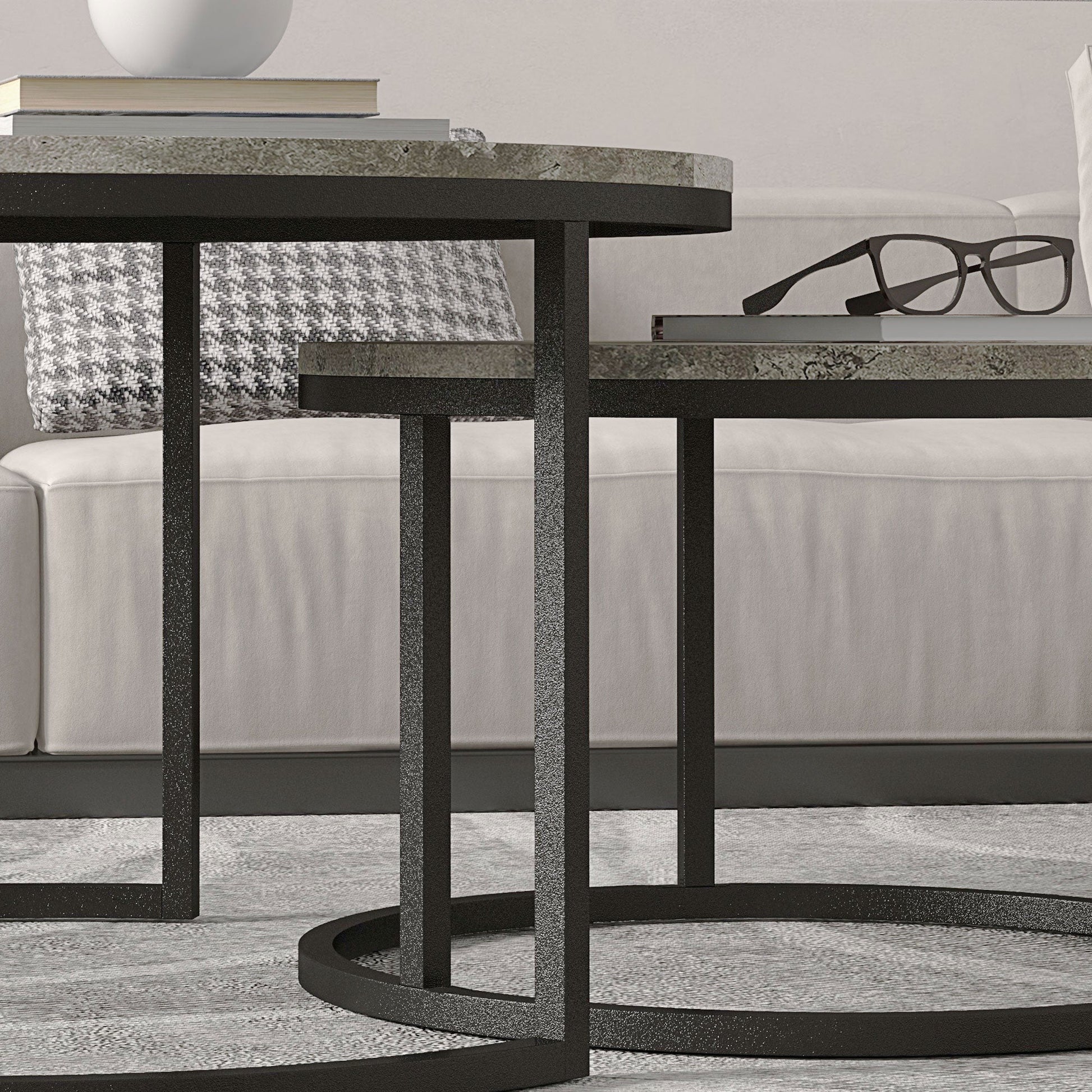 HOMCOM Nest of Tables, Round Coffee Table Set of 2, Coffee Tables with Steel Frame for Living Room, Cement Grey