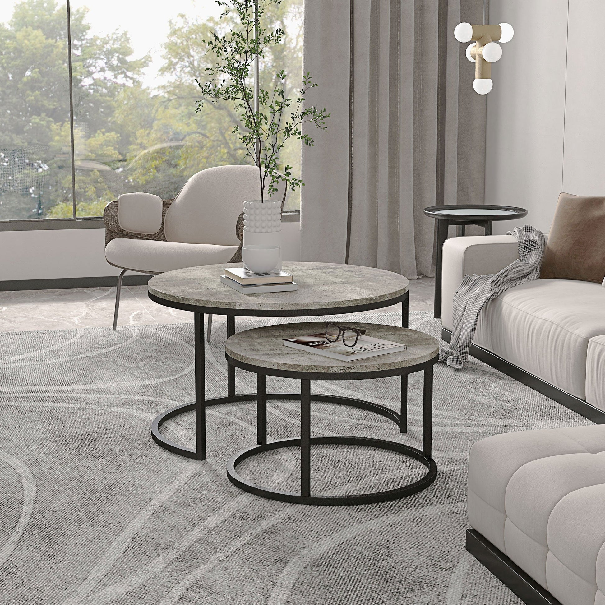 HOMCOM Nest of Tables, Round Coffee Table Set of 2, Coffee Tables with Steel Frame for Living Room, Cement Grey