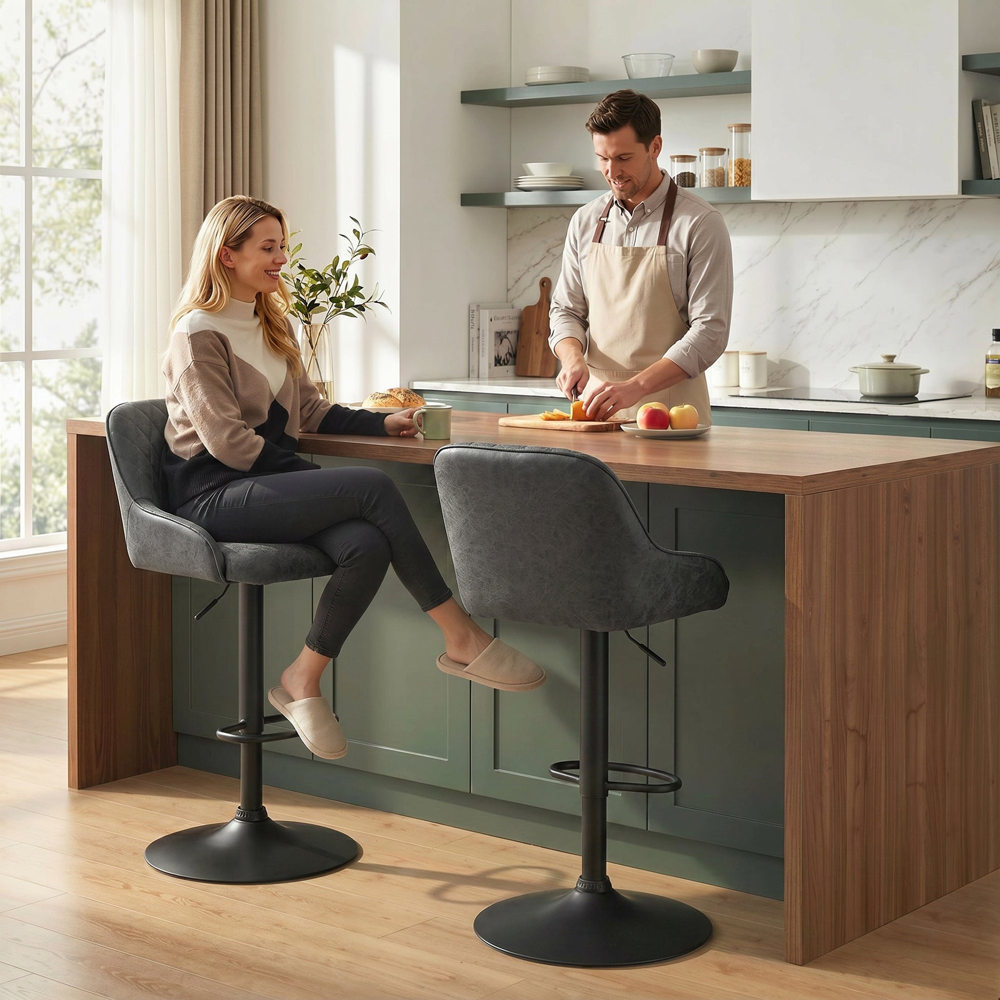 Breakfast Bar Stools Set of 2 with Wide Padded Seat, PU Leather Adjustable Swivel Bar Chairs, Modern Barstools with Footrest for Kitchen Island Counter, Home Bar, Dark Grey