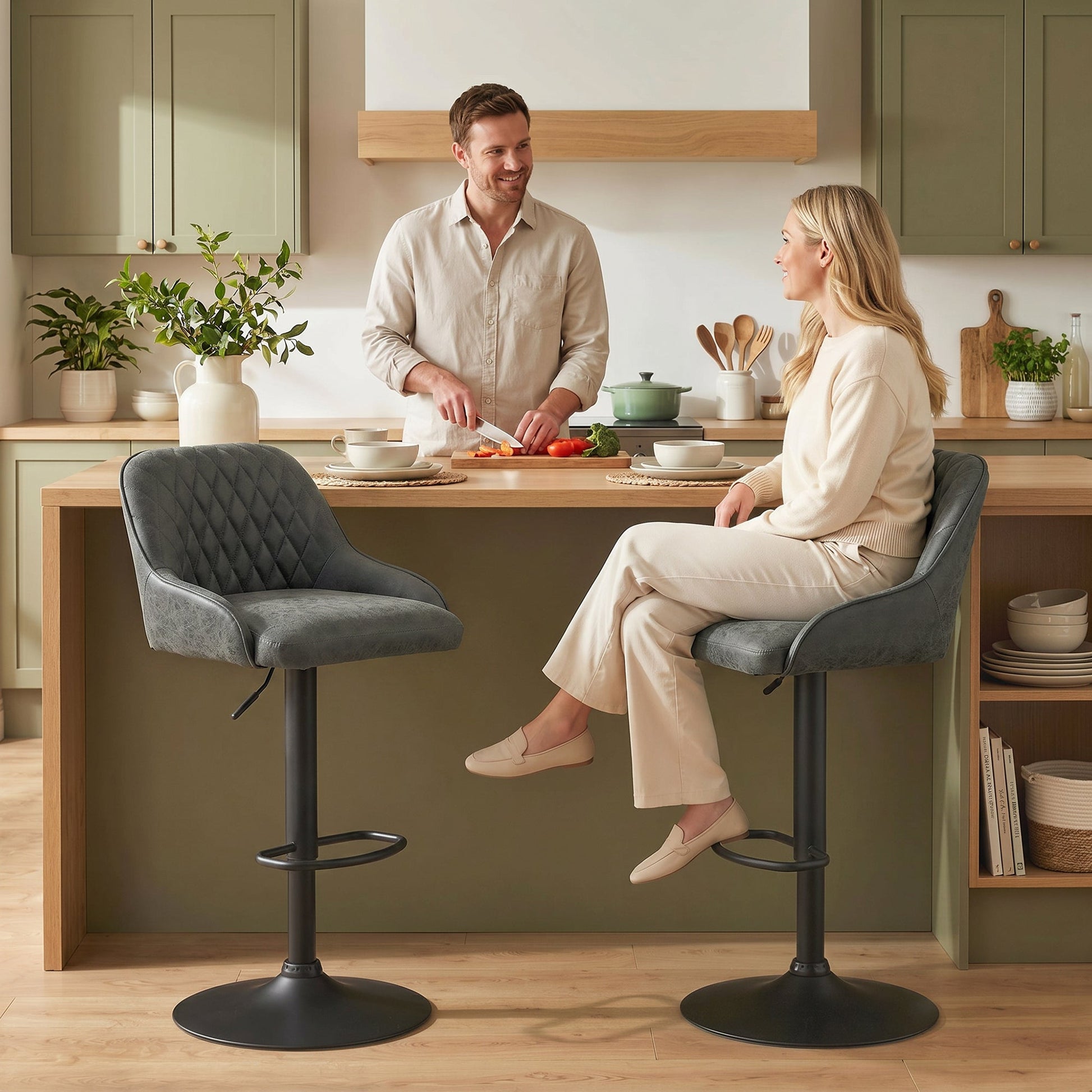 Breakfast Bar Stools Set of 2 with Wide Padded Seat, PU Leather Adjustable Swivel Bar Chairs, Modern Barstools with Footrest for Kitchen Island Counter, Home Bar, Dark Grey