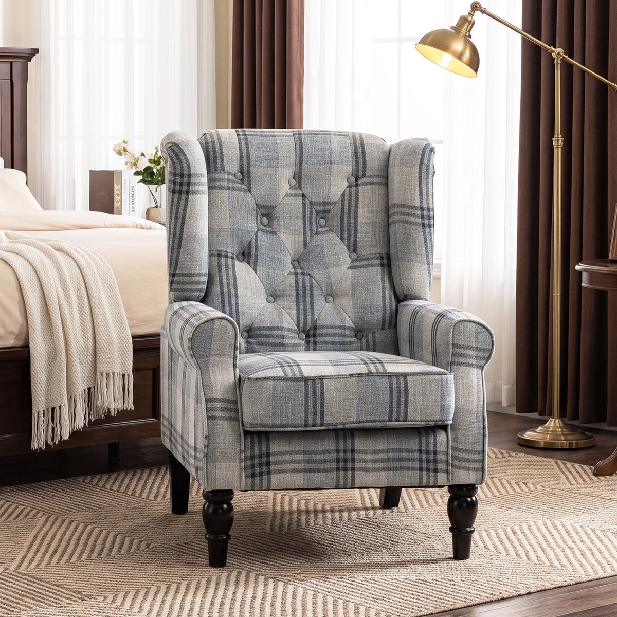 Wingback Accent Chair, Faux Linen Armchair with Thick Spring Cushion, High Back, Solid Wood Legs, Retro Button Tufted Reading Chair for Living Room, Bedroom, Mixed Plaid