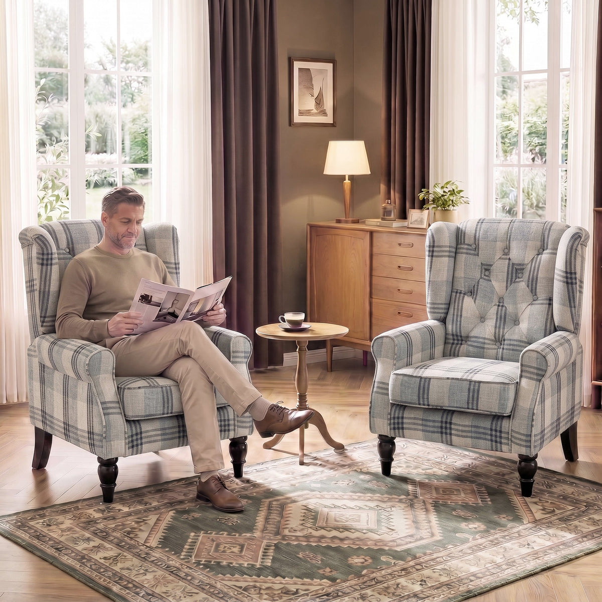 Wingback Accent Chair, Faux Linen Armchair with Thick Spring Cushion, High Back, Solid Wood Legs, Retro Button Tufted Reading Chair for Living Room, Bedroom, Mixed Plaid