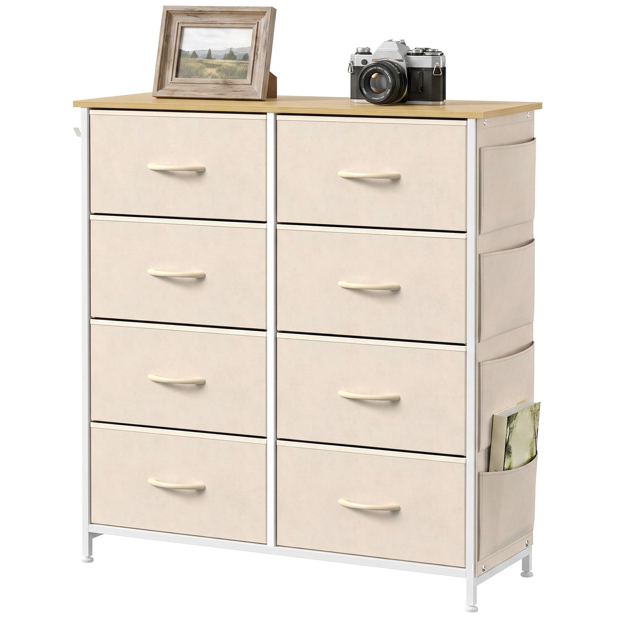 Chest of Drawers, Dresser for Bedroom with 8 Fabric Drawers, Tall Storage Unit with 4 Pockets, 2 Hooks and Steel Frame for Living Room, Hallway, Beige