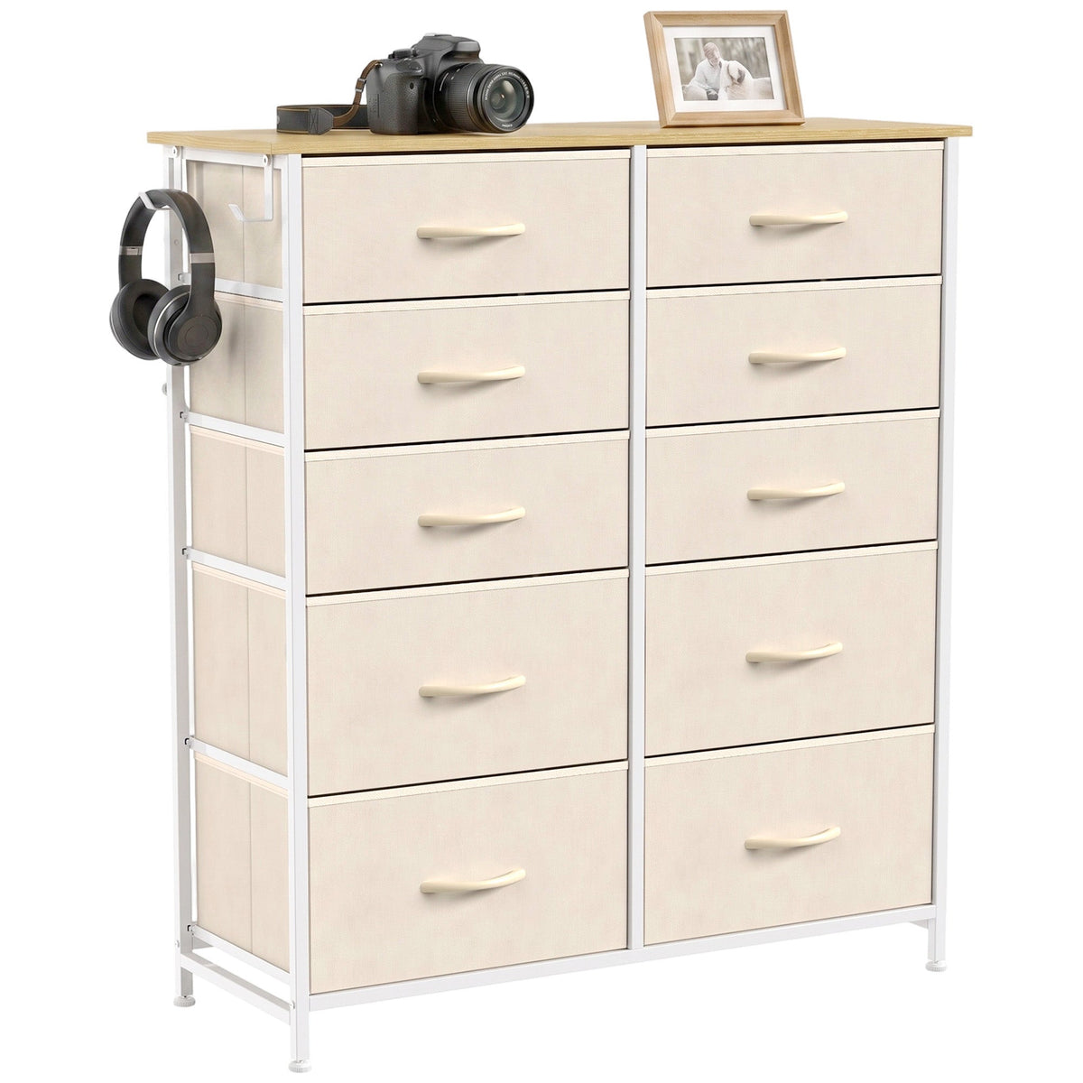 Chest of Drawers, Dresser for Bedroom with 8 Fabric Drawers, Tall Storage Unit with 4 Pockets, 2 Hooks and Steel Frame for Living Room, Hallway, Beige