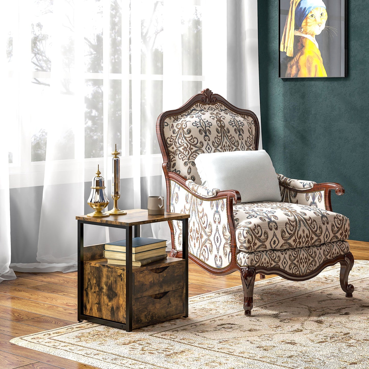 HOMCOM Industrial Side Table with Drawer, Sofa Table, Bedside Cabinet with Storage Shelf, Slim Nightstand for Living Room, Bedroom, Rustic Brown