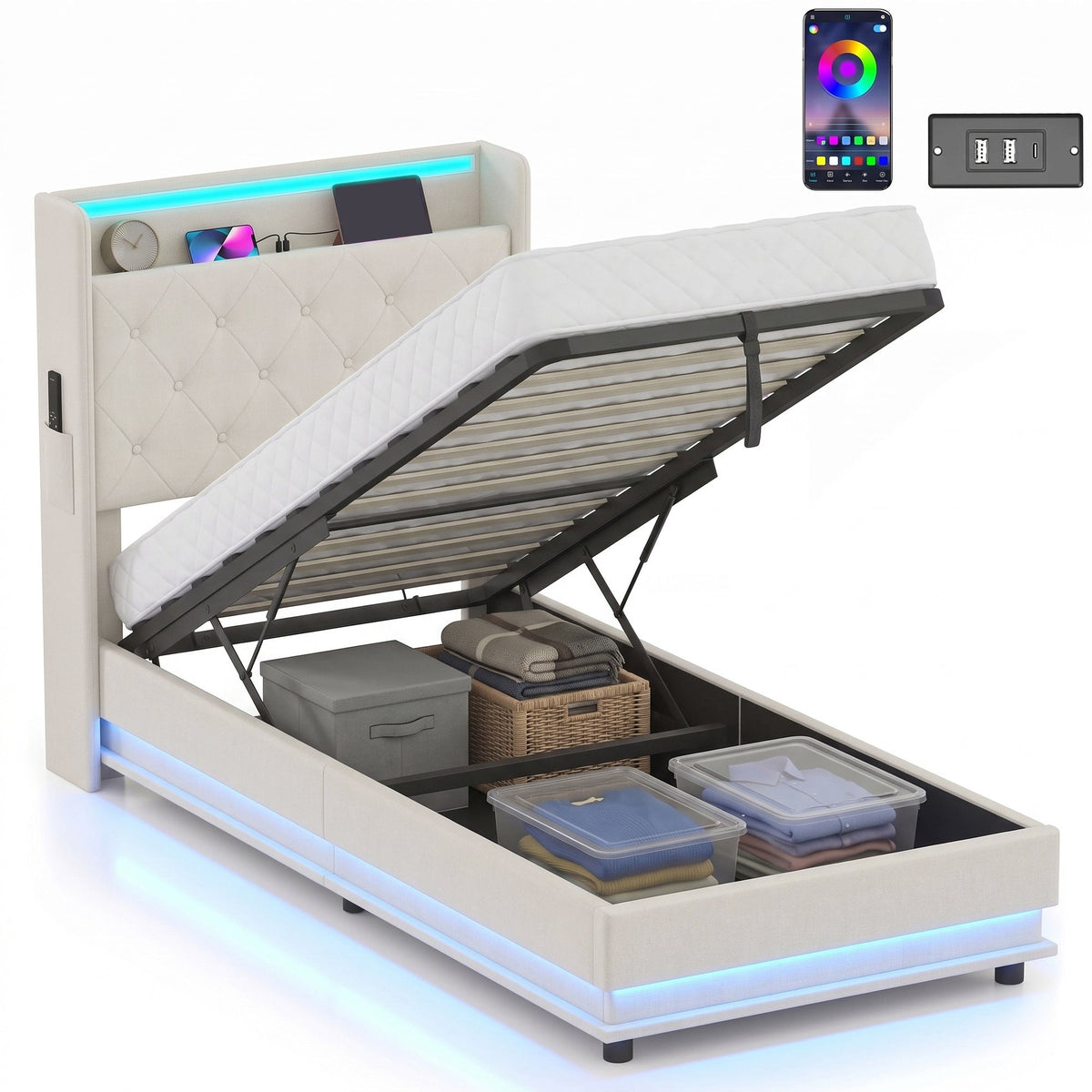 3ft Single Ottoman Bed Frame with Hydraulic Storage, APP Control LED Lights and Charging Station, Upholstered Lift Up Storage Bed Frame with Headboard, No Box Spring Needed, Cream White