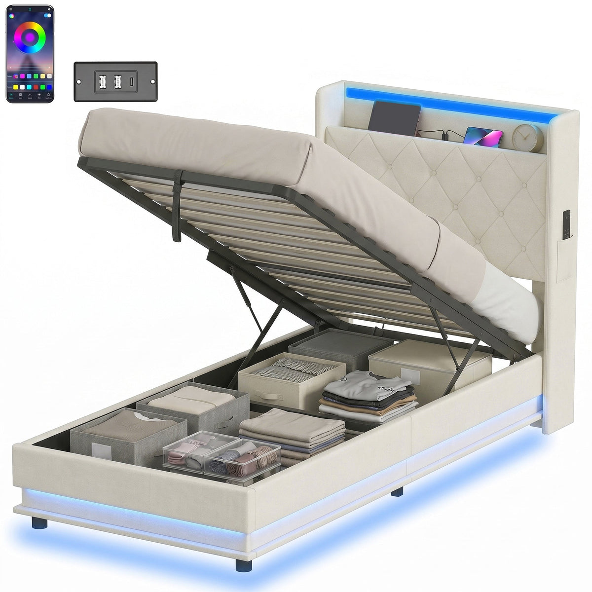 3ft Single Ottoman Bed Frame with Hydraulic Storage, APP Control LED Lights and Charging Station, Upholstered Lift Up Storage Bed Frame with Headboard, No Box Spring Needed, Cream White