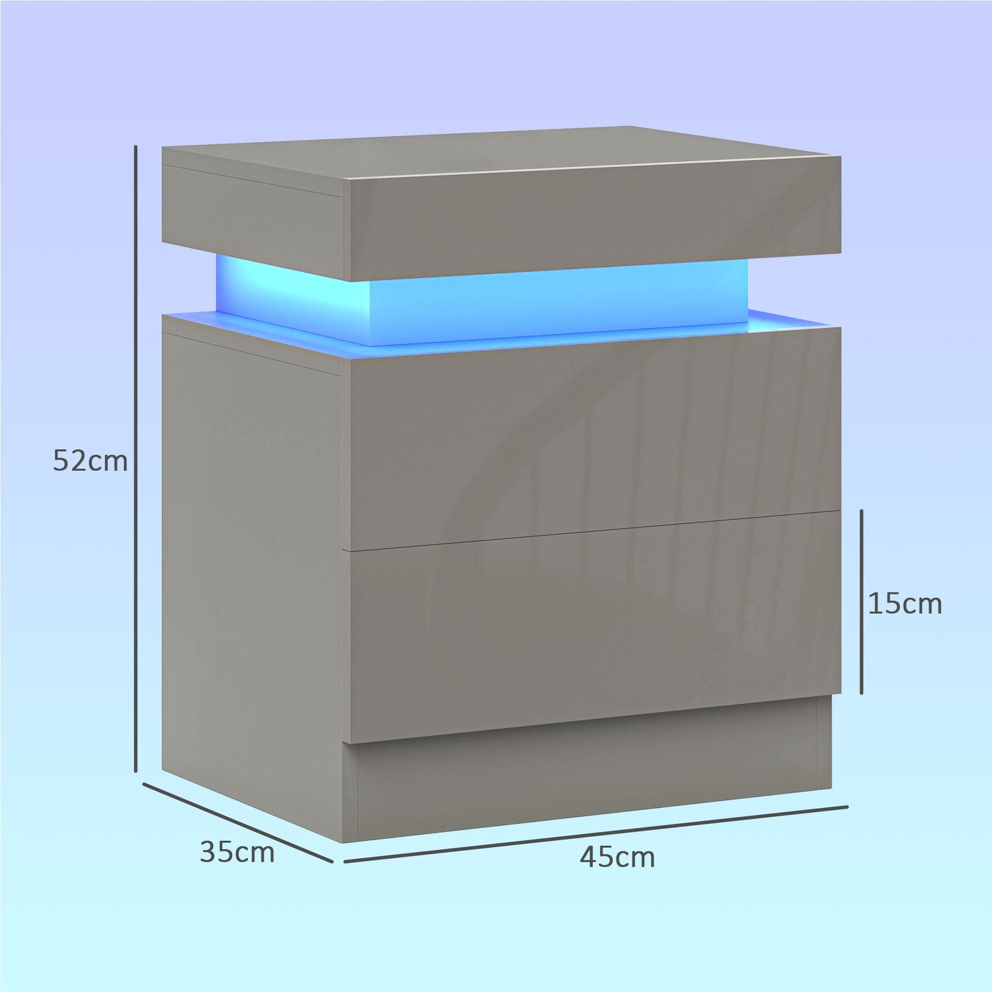 High Gloss Front Bedside Table, APP Control Nightstand with RGB LED Light and 2 Drawers, Chest of Drawers for Bedroom, Living Room, Grey