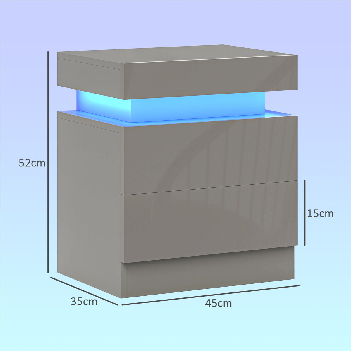 High Gloss Front Bedside Table, APP Control Nightstand with RGB LED Light and 2 Drawers, Chest of Drawers for Bedroom, Living Room, Grey