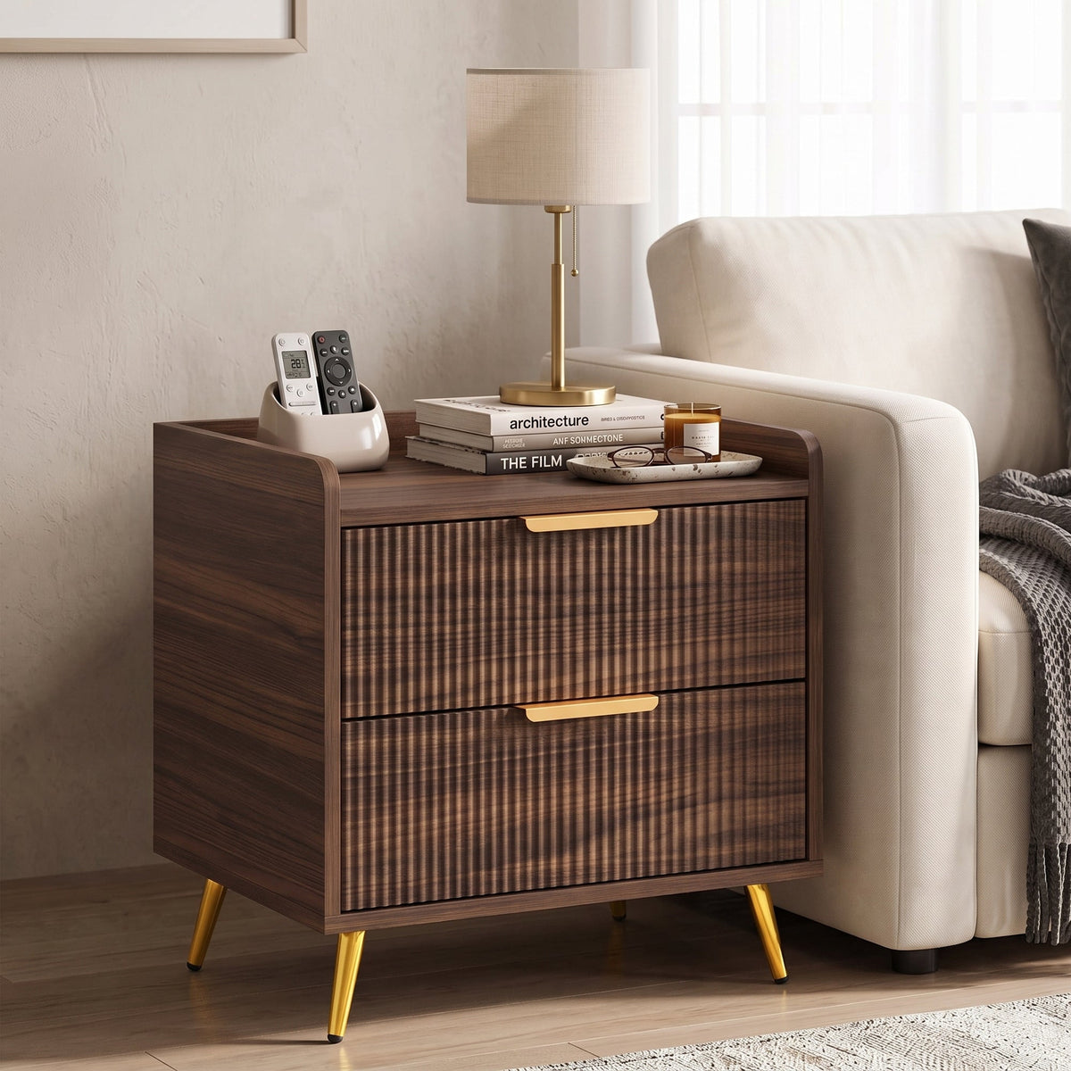 Bedside Table, Bedside Cabinet with 2 Drawers, Side End Table with Metal Legs for Bedroom Living Room, Walnut Brown