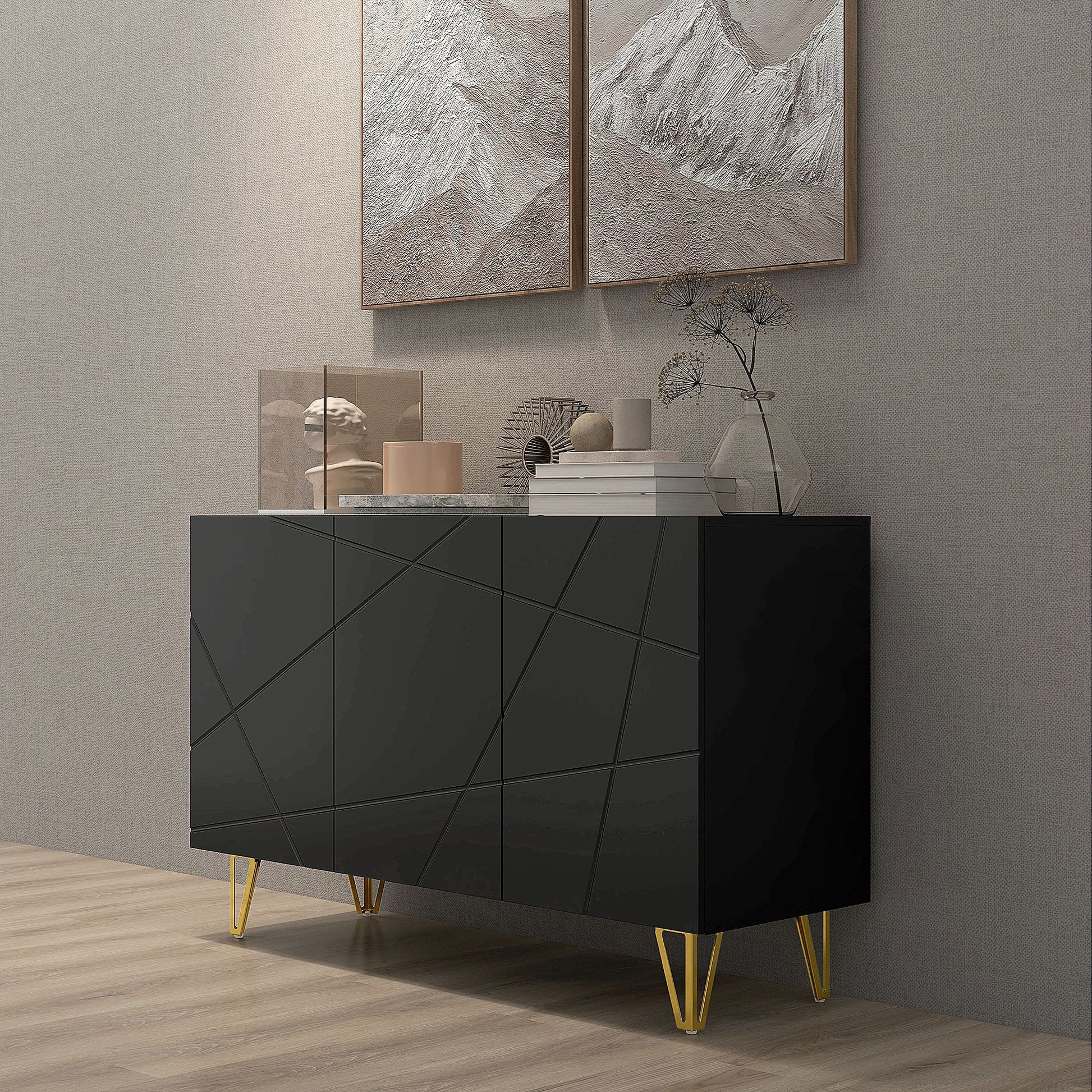 HOMCOM Storage Cabinet with High Gloss, Freestanding Sideboard with Adjustable Shelves, Soft-Close Doors and Gold Tone Hairpin Legs for Living Room, Dining Room, Hallway, Black