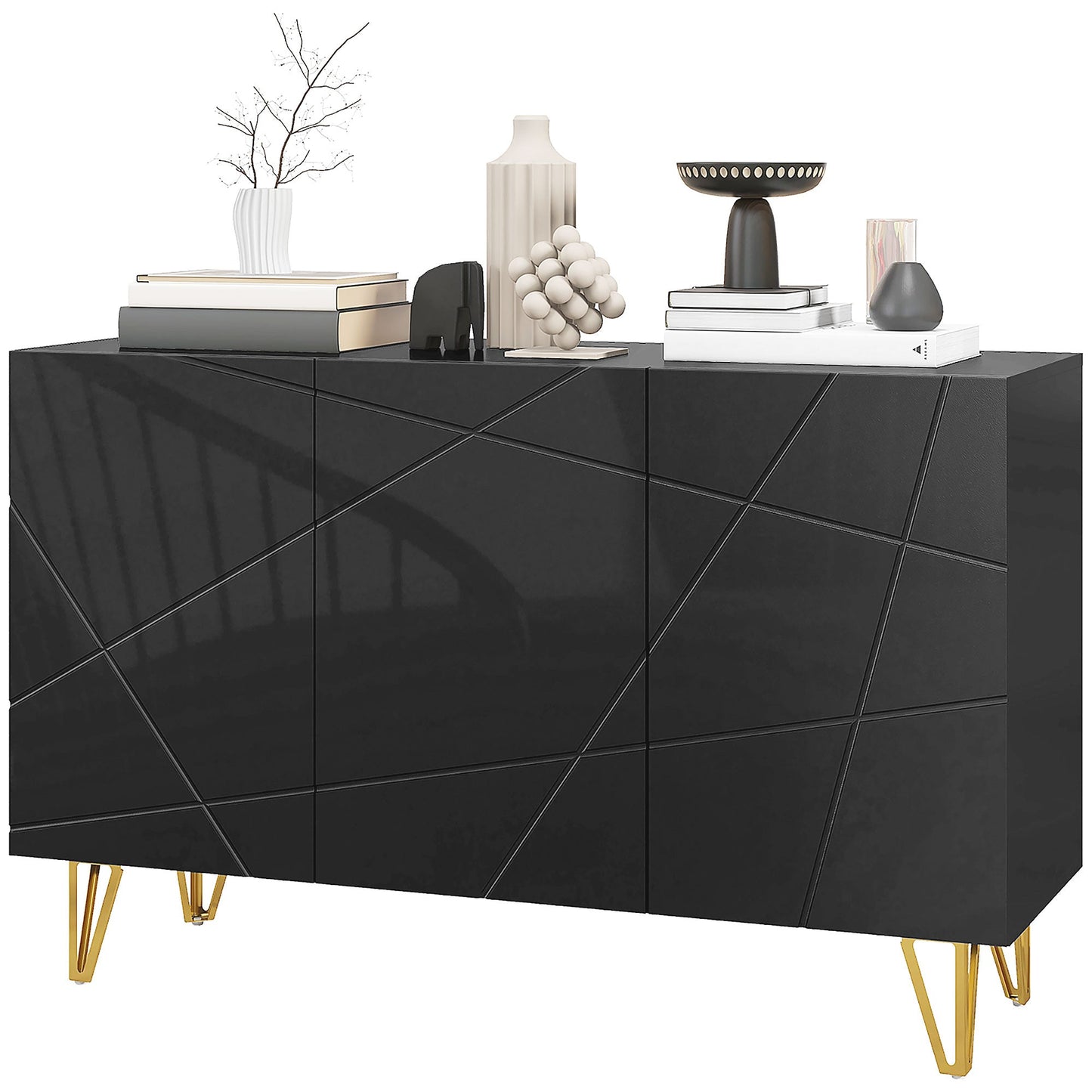 HOMCOM Storage Cabinet with High Gloss, Freestanding Sideboard with Adjustable Shelves, Soft-Close Doors and Gold Tone Hairpin Legs for Living Room, Dining Room, Hallway, Black