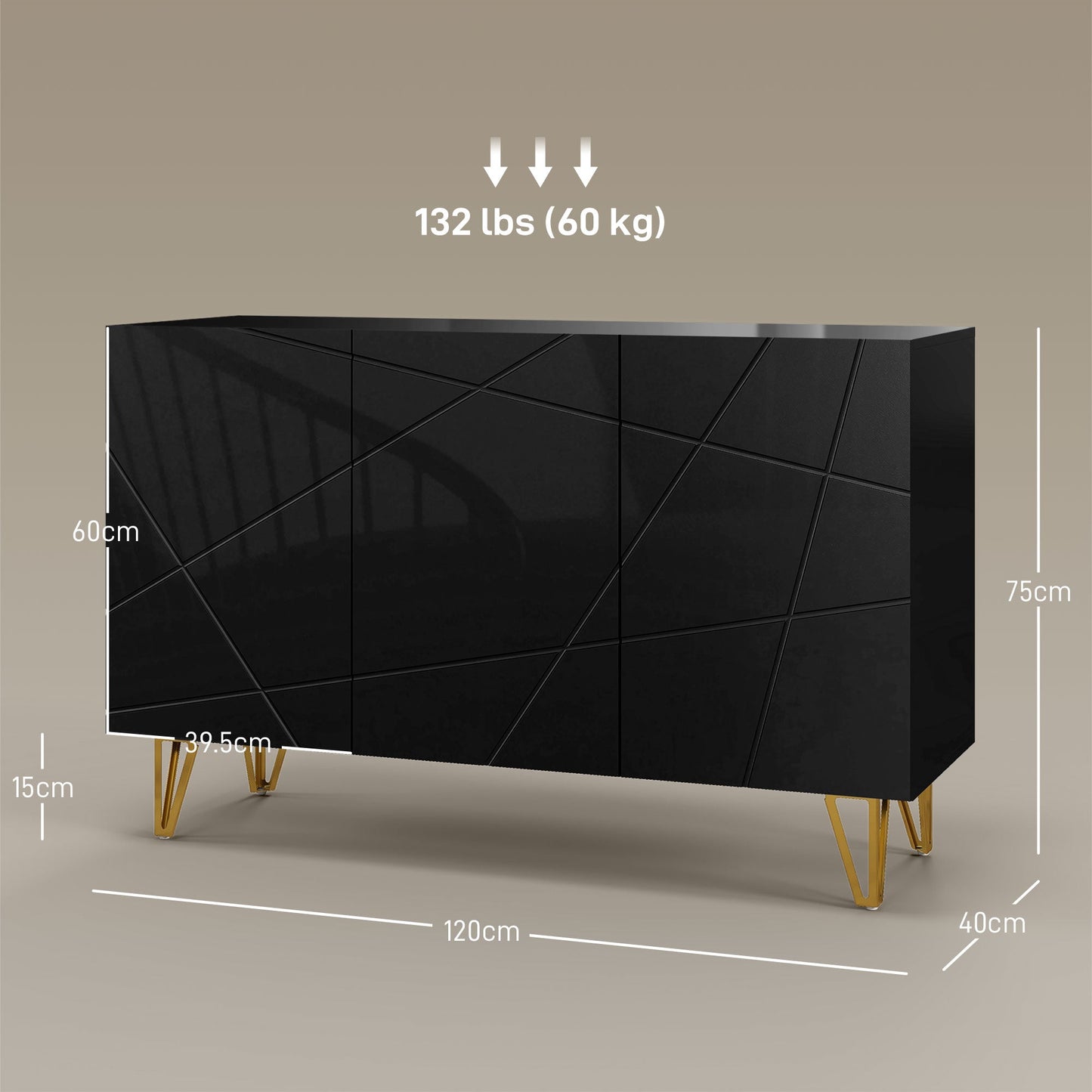 HOMCOM Storage Cabinet with High Gloss, Freestanding Sideboard with Adjustable Shelves, Soft-Close Doors and Gold Tone Hairpin Legs for Living Room, Dining Room, Hallway, Black