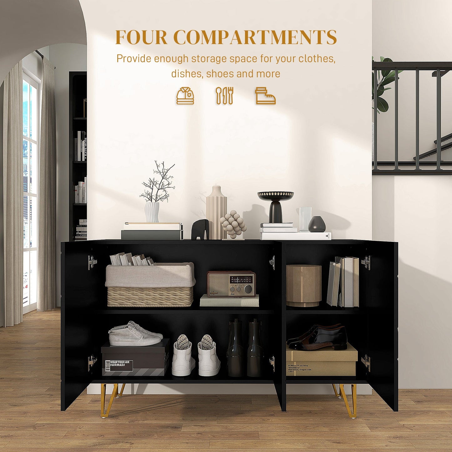 HOMCOM Storage Cabinet with High Gloss, Freestanding Sideboard with Adjustable Shelves, Soft-Close Doors and Gold Tone Hairpin Legs for Living Room, Dining Room, Hallway, Black