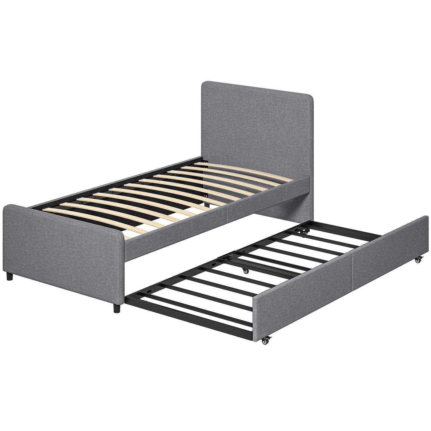 3ft Single Bed Frame with Trundle, Upholstered Pull Out Trundle Bed with Headboard and Footboard for Adults & Teenagers, 90 x 190 cm, No Mattress, Dark Grey