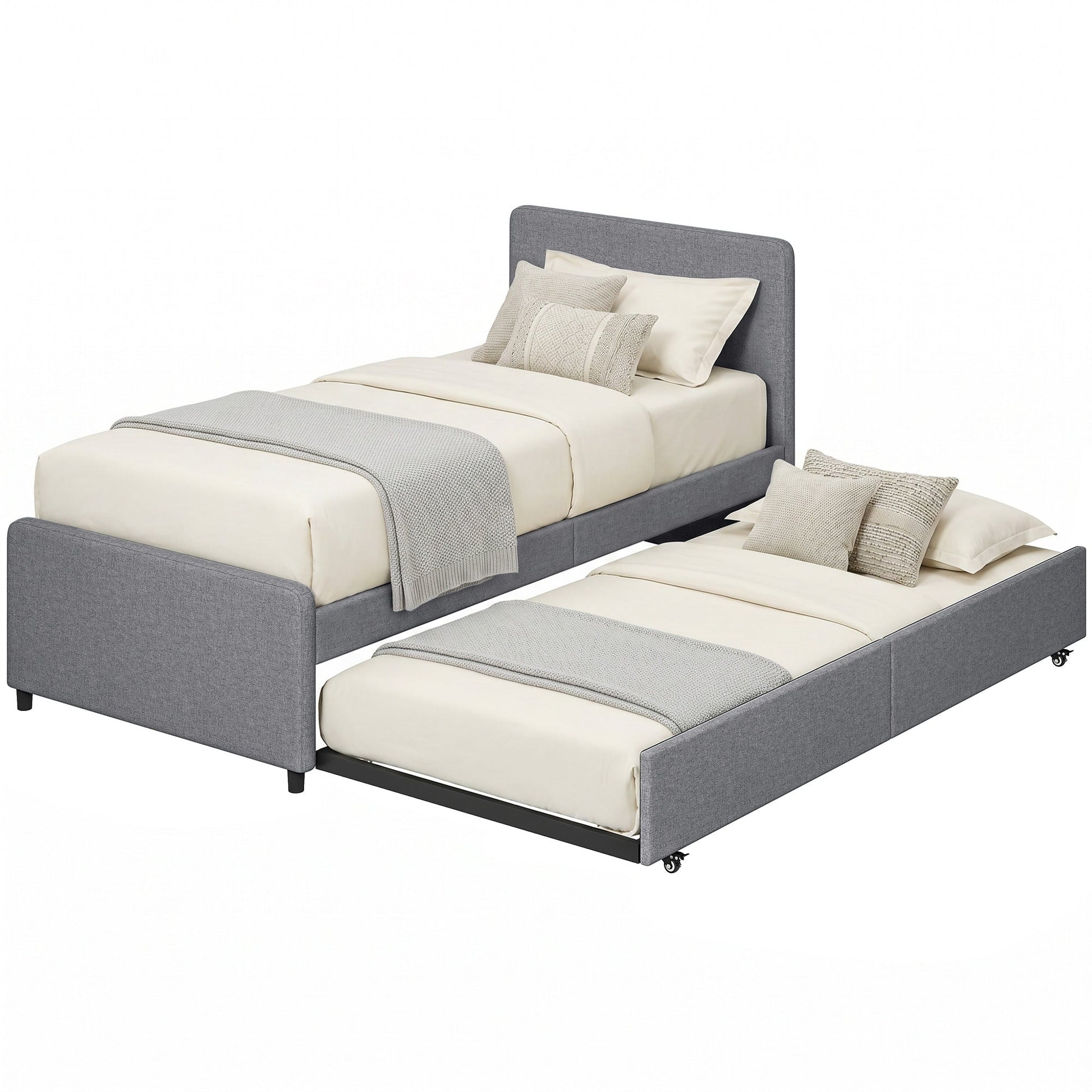 3ft Single Bed Frame with Trundle, Upholstered Pull Out Trundle Bed with Headboard and Footboard for Adults & Teenagers, 90 x 190 cm, No Mattress, Dark Grey