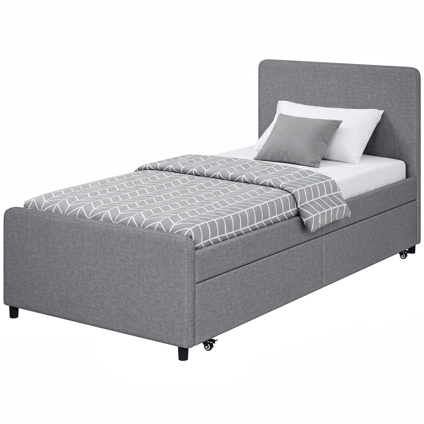 3ft Single Bed Frame with Trundle, Upholstered Pull Out Trundle Bed with Headboard and Footboard for Adults & Teenagers, 90 x 190 cm, No Mattress, Dark Grey