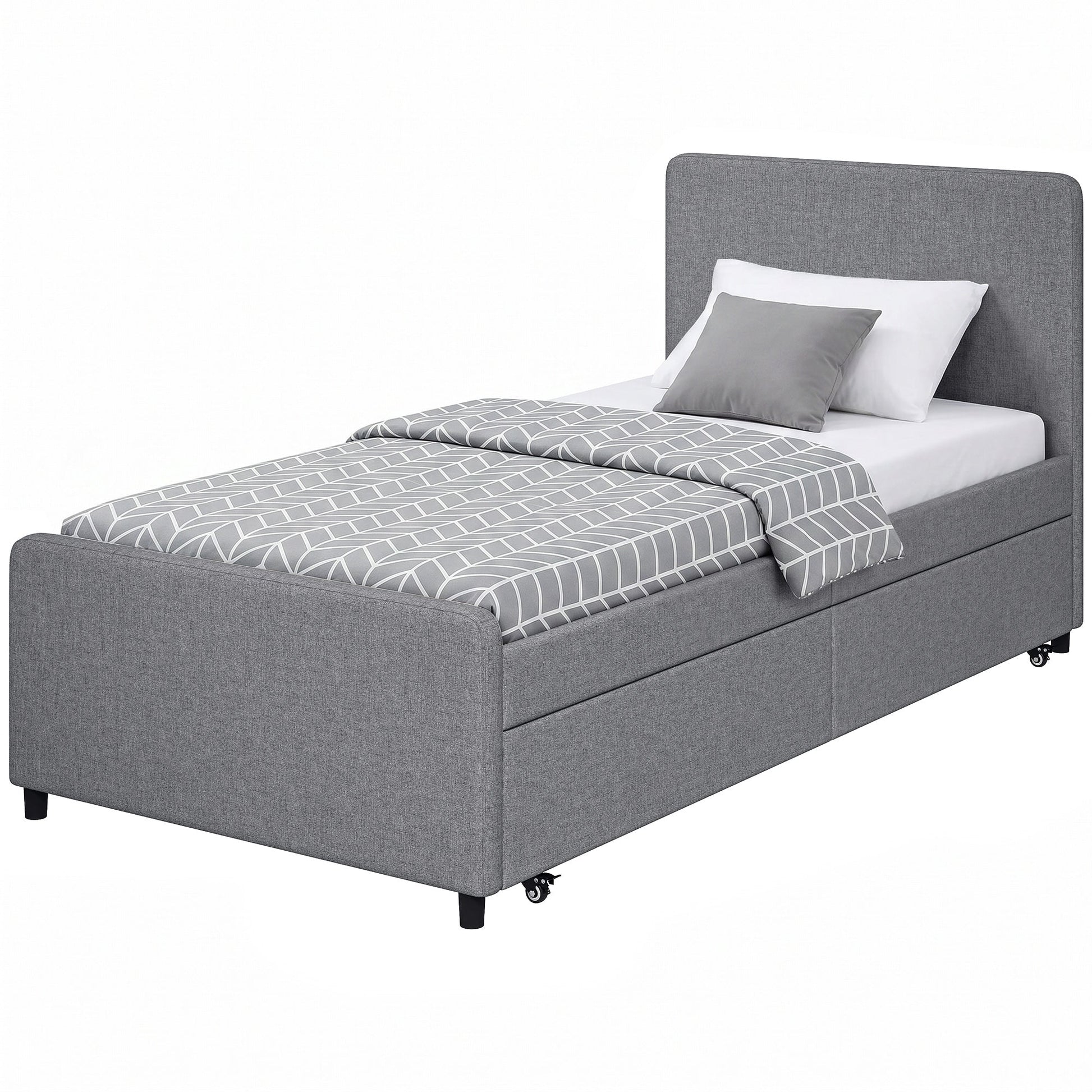 3ft Single Bed Frame with Trundle, Upholstered Pull Out Trundle Bed with Headboard and Footboard for Adults & Teenagers, 90 x 190 cm, No Mattress, Dark Grey